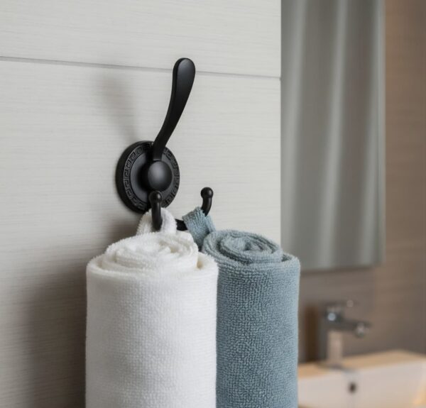Premium Wall-Mounted Multi-Prong Hook | Matte Black Tiered Robe & Towel Hanger with Decorative Circular Patterned Base