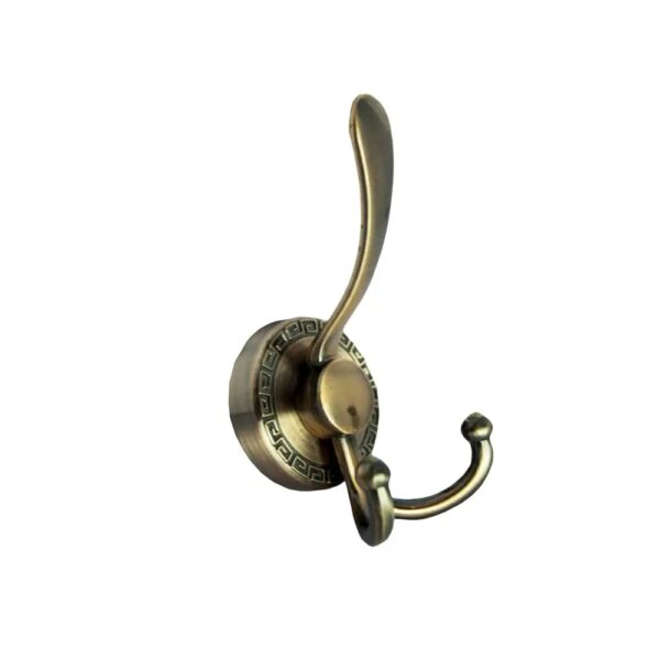 N107 – ( W52 – Single Copper, Double Sided Hook ) Premium Wall-Mounted Multi-Prong Hook | Antique Copper Tiered Robe & Towel Hanger with Decorative Circular Patterned Base