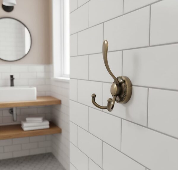N107 – ( W52 – Single Copper, Double Sided Hook ) 2 Premium Wall-Mounted Multi-Prong Hook | Antique Copper Tiered Robe & Towel Hanger with Decorative Circular Patterned Base
