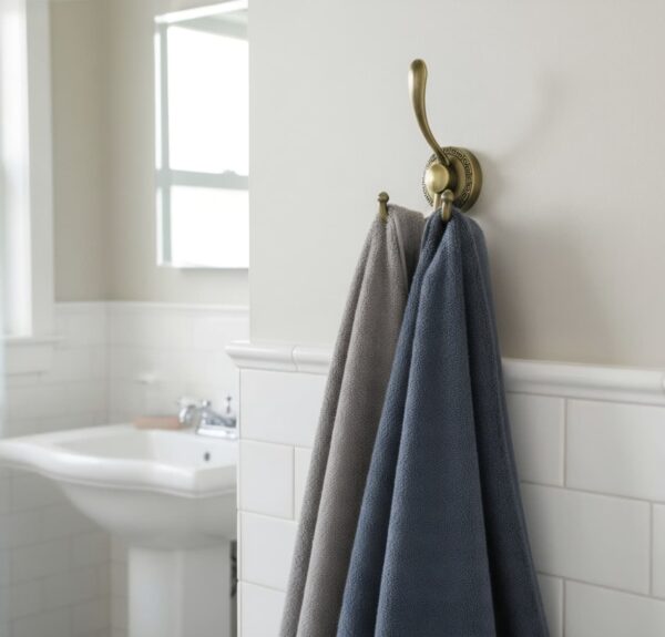 N107 – ( W52 – Single Copper, Double Sided Hook ) 6 Premium Wall-Mounted Multi-Prong Hook | Antique Copper Tiered Robe & Towel Hanger with Decorative Circular Patterned Base