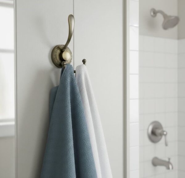 N107 – ( W52 – Single Copper, Double Sided Hook ) 7 Premium Wall-Mounted Multi-Prong Hook | Antique Copper Tiered Robe & Towel Hanger with Decorative Circular Patterned Base