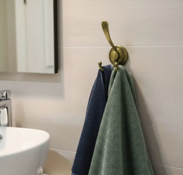 Premium Wall-Mounted Multi-Prong Hook | Antique Brass Tiered Robe & Towel Hanger with Decorative Circular Patterned Base
