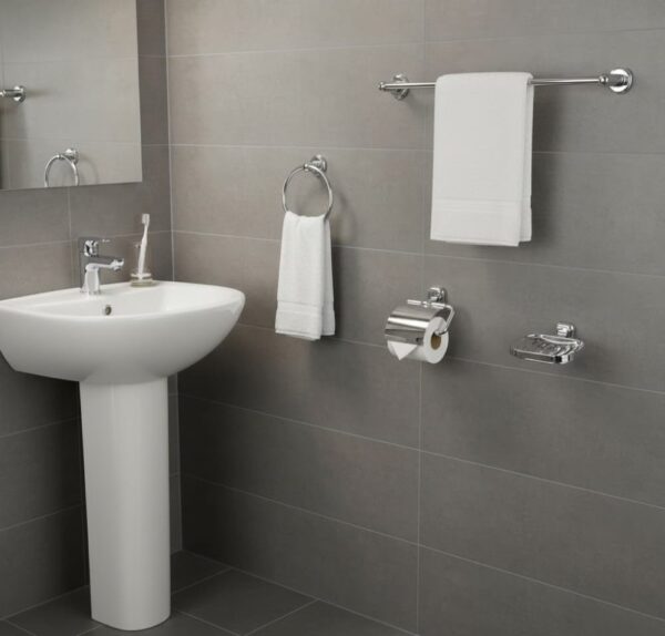 N157 – 6 Pieces ABS Chrome Plated Bathroom Set 3 Premium 6-Piece Wall-Mounted Bathroom Accessory Suite | Chrome-Plated ABS Plastic Hardware Kit with Glass Tumbler & Robe Hook