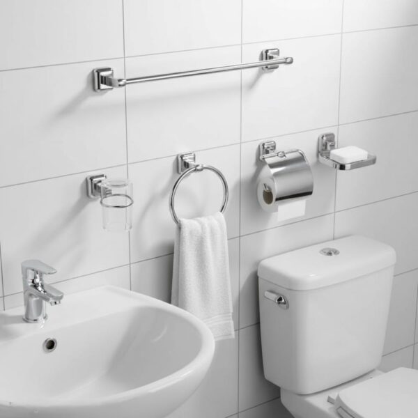 N157 – 6 Pieces ABS Chrome Plated Bathroom Set 5 Premium 6-Piece Wall-Mounted Bathroom Accessory Suite | Chrome-Plated ABS Plastic Hardware Kit with Glass Tumbler & Robe Hook