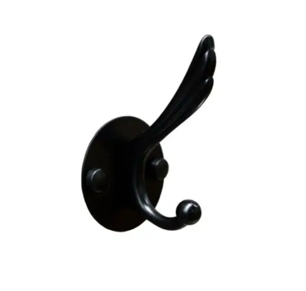 N207 – ( K1022 Single Hook – Round Plate High and Low , Black ) Heavy-Duty Dual-Prong Robe & Coat Hook | Matte Black Round Base Plate Hanger with High & Low Tiered Arms