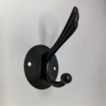 N207 – ( K1022 Single Hook – Round Plate High and Low , Black )2 Heavy-Duty Dual-Prong Robe & Coat Hook | Matte Black Round Base Plate Hanger with High & Low Tiered Arms
