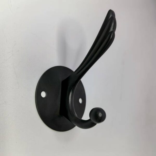 N207 – ( K1022 Single Hook – Round Plate High and Low , Black )2 Heavy-Duty Dual-Prong Robe & Coat Hook | Matte Black Round Base Plate Hanger with High & Low Tiered Arms