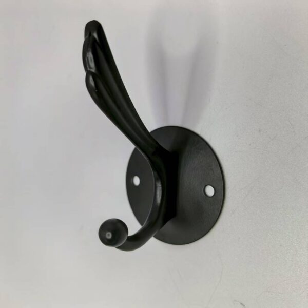 N207 – ( K1022 Single Hook – Round Plate High and Low , Black )4 Heavy-Duty Dual-Prong Robe & Coat Hook | Matte Black Round Base Plate Hanger with High & Low Tiered Arms