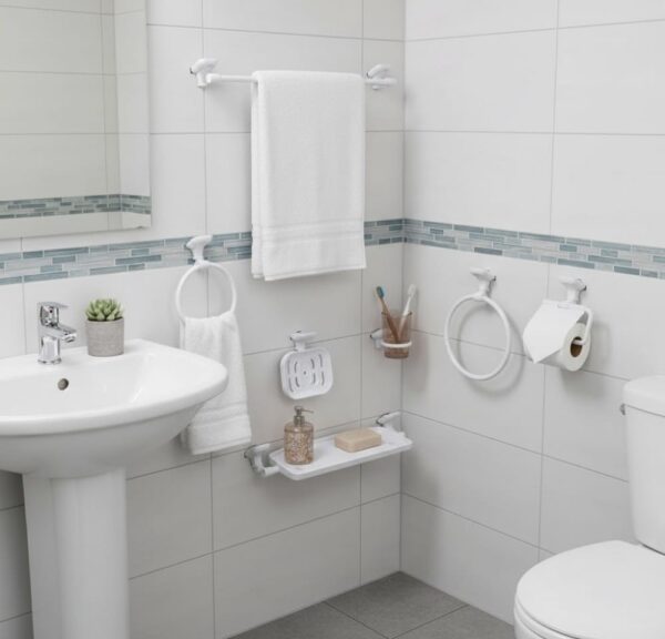 Premium 7-Piece Wall-Mounted Bathroom Accessory Suite | Durable White ABS Plastic Hardware Kit with Vanity Shelf & Glass Tumbler
