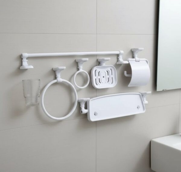 Premium 7-Piece Wall-Mounted Bathroom Accessory Suite | Durable White ABS Plastic Hardware Kit with Vanity Shelf & Glass Tumbler