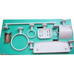 N223 7PCS – 6 pieces ABS-White Plastic Bathroom Set Premium 7-Piece Wall-Mounted Bathroom Accessory Suite | Durable White ABS Plastic Hardware Kit with Vanity Shelf & Glass Tumbler