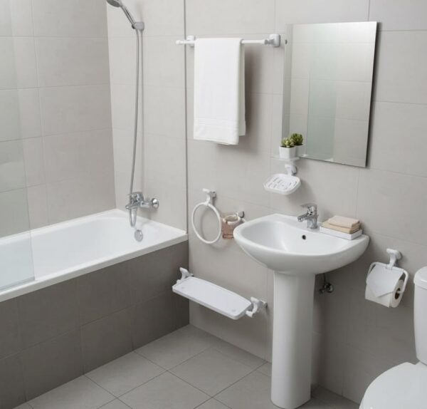 Premium 7-Piece Wall-Mounted Bathroom Accessory Suite | Durable White ABS Plastic Hardware Kit with Vanity Shelf & Glass Tumbler