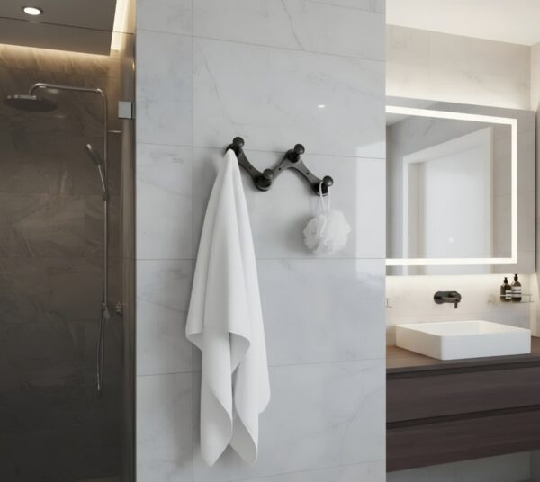 N247 – High Density 4 Nob Adjustable Hooks – Black 8 Premium Wall-Mounted High-Density Adjustable Hook Rail | Flexible 4-Knob Folding Towel & Coat Hanger with Matte Black Finish