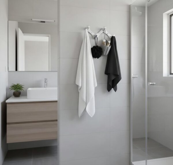 N248 – High Density 4 Nob Adjustable Hook 2 Premium Wall-Mounted High-Density Adjustable Hook Rail | Flexible 4-Knob Folding Towel & Coat Hanger with Satin Silver Finish