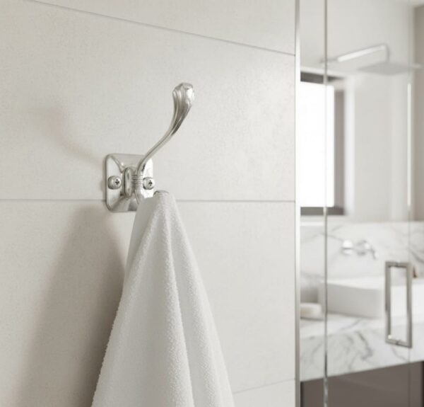 Premium Wall-Mounted Square Plate Double Hook | Polished Mirror Chrome Dual Robe & Towel Hanger with Decorative Accent