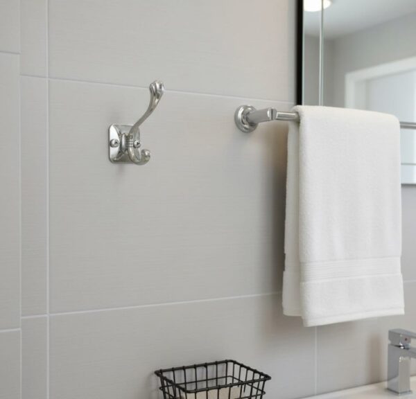 Premium Wall-Mounted Square Plate Double Hook | Polished Mirror Chrome Dual Robe & Towel Hanger with Decorative Accent