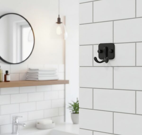 Premium Wall-Mounted Square Plate Double Hook | Sleek Matte Black Dual Robe & Towel Hanger with Heavy-Duty "Duck Feet" Split-Prong Chassis