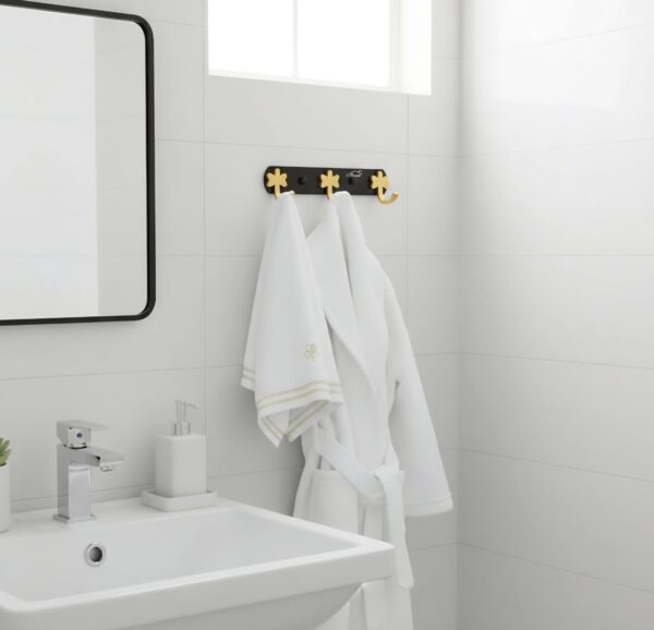 Luxury Wall-Mounted 3-Hook Rail | Matte Black & Champagne Gold Multi-Robe & Towel Hanger with Clover Decorative Accents
