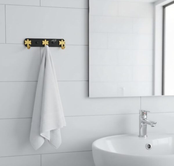 Luxury Wall-Mounted 3-Hook Rail | Matte Black & Champagne Gold Multi-Robe & Towel Hanger with Clover Decorative Accents