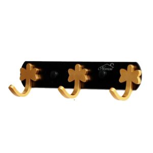 Luxury Wall-Mounted 3-Hook Rail | Matte Black & Champagne Gold Multi-Robe & Towel Hanger with Clover Decorative Accents