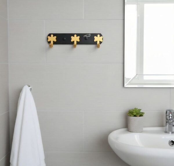Luxury Wall-Mounted 3-Hook Rail | Matte Black & Champagne Gold Multi-Robe & Towel Hanger with Clover Decorative Accents