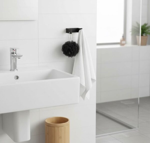 N354 – Premium Square Double Hook ( Concealed Screws ) – Black 5 Premium Wall-Mounted Square Double Hook | Minimalist Matte Black Dual Robe & Towel Hanger with Concealed Mounting System