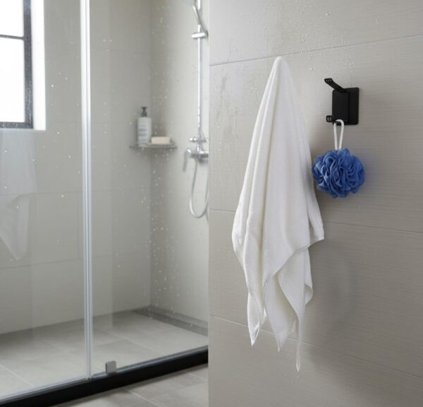 Premium Slotted Matte Black Double-Sided Single Hook | Heavy-Duty Damage-Free 3M Self-Adhesive Wall Hanger for Robes & Towels