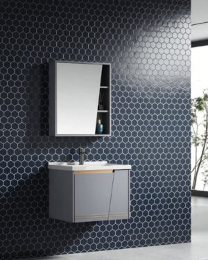 Modern Wall-Mounted Slate Grey Bathroom Vanity Set | Floating Vanity Cabinet with Integrated White Basin & Asymmetrical Mirror Storage Cabinet