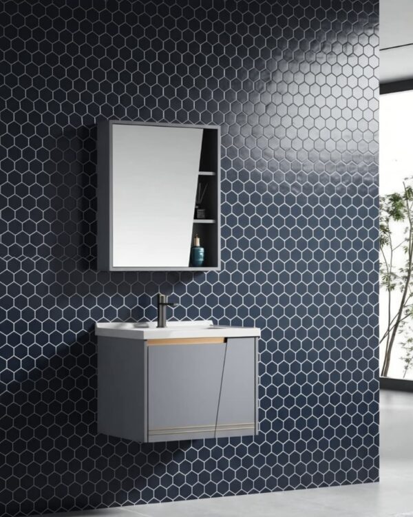 Modern Wall-Mounted Slate Grey Bathroom Vanity Set | Floating Vanity Cabinet with Integrated White Basin & Asymmetrical Mirror Storage Cabinet