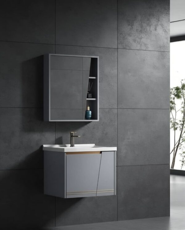 Modern Wall-Mounted Slate Grey Bathroom Vanity Set | Floating Vanity Cabinet with Integrated White Basin & Asymmetrical Mirror Storage Cabinet