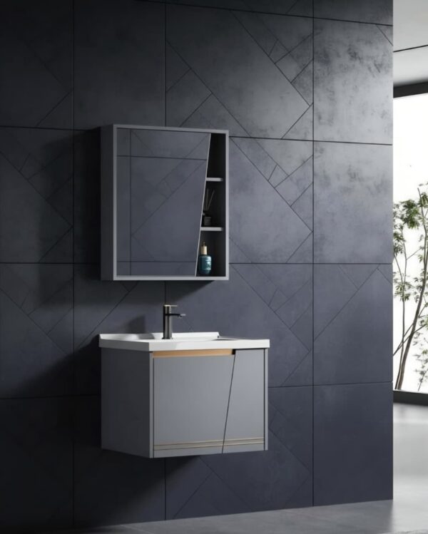 Modern Wall-Mounted Slate Grey Bathroom Vanity Set | Floating Vanity Cabinet with Integrated White Basin & Asymmetrical Mirror Storage Cabinet