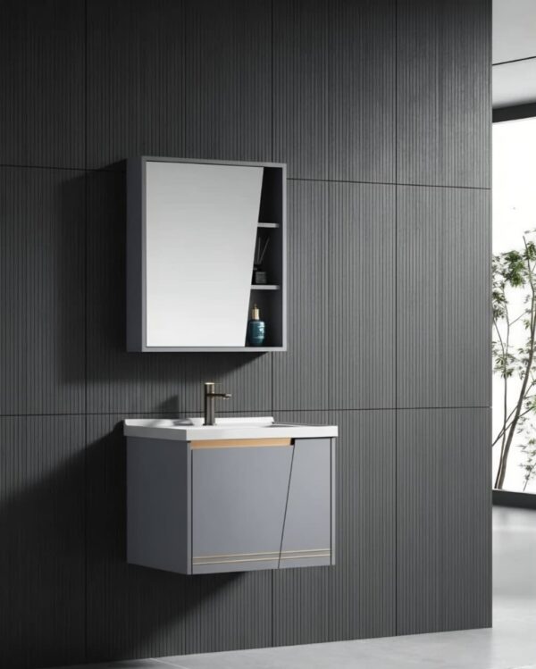 Modern Wall-Mounted Slate Grey Bathroom Vanity Set | Floating Vanity Cabinet with Integrated White Basin & Asymmetrical Mirror Storage Cabinet