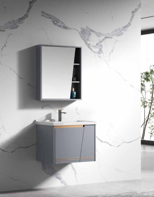 Modern Wall-Mounted Slate Grey Bathroom Vanity Set | Floating Vanity Cabinet with Integrated White Basin & Asymmetrical Mirror Storage Cabinet